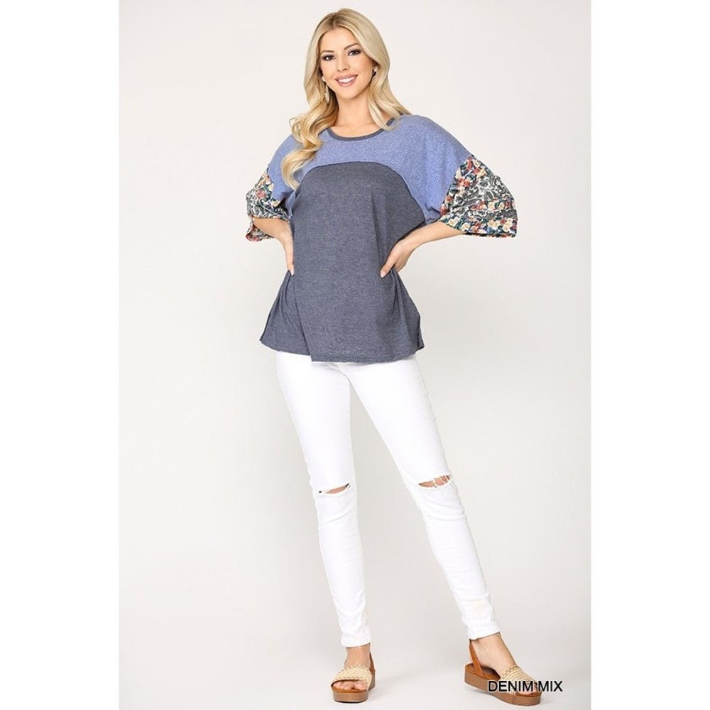 Colorblock Knit And Floral Print Mixed Top With Dolman Sleeve - Picture 2 of 7